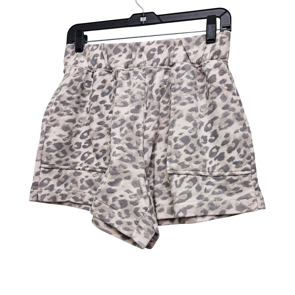 Aerie Fleece Shorts Womens M Grey Leopard Print High Waist Pockets Loungewear